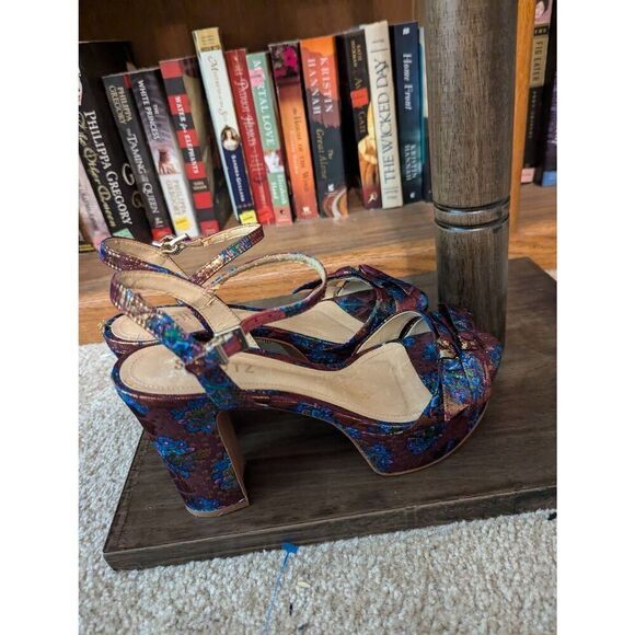 Schutz Women’s 7B Genuine Leather Multicolor Bow Peep Toe Heels Ankle Wrap - Picture 4 of 7